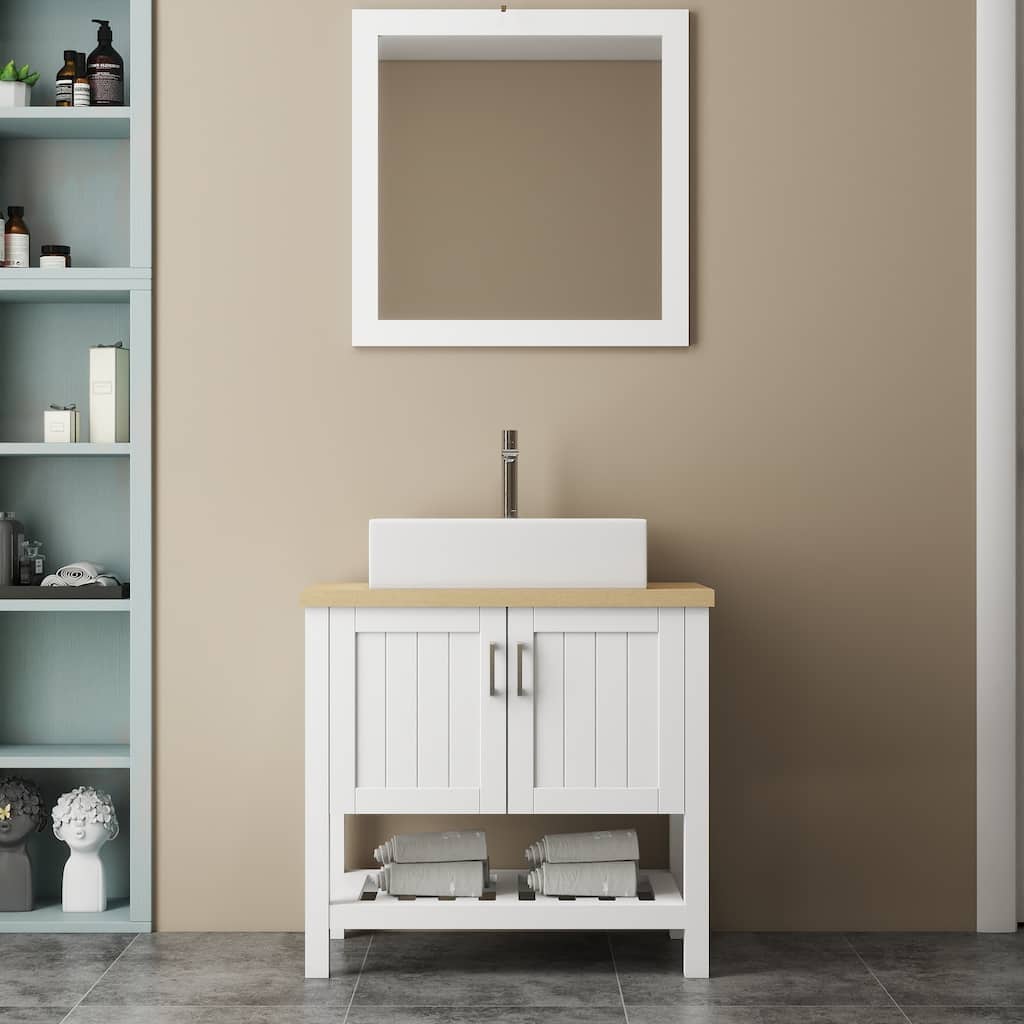 GDFStudio -Lily 32" Bathroom Vanity with Sink, Single Cabinet with Doors and Open Shelf, Solid Wood Small Vanity Set
