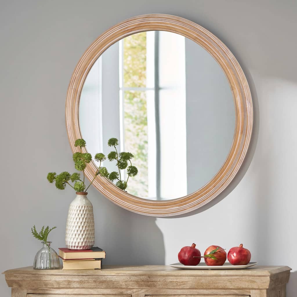 27.5 inches Round Wall Mirror for Bathroom Vanity, Wooden Farmhouse Circle Mirrors, Kithen Whitewash Edge Decorative Mirror