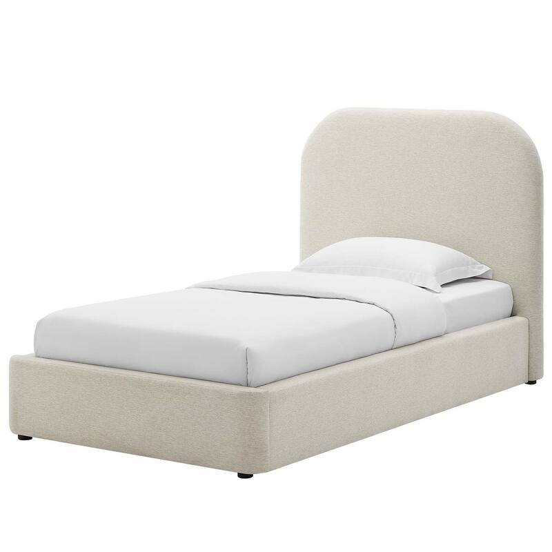 Hillsway Modern Curved Headboard Ivory Fabric Upholstered Twin Size Platform Bed