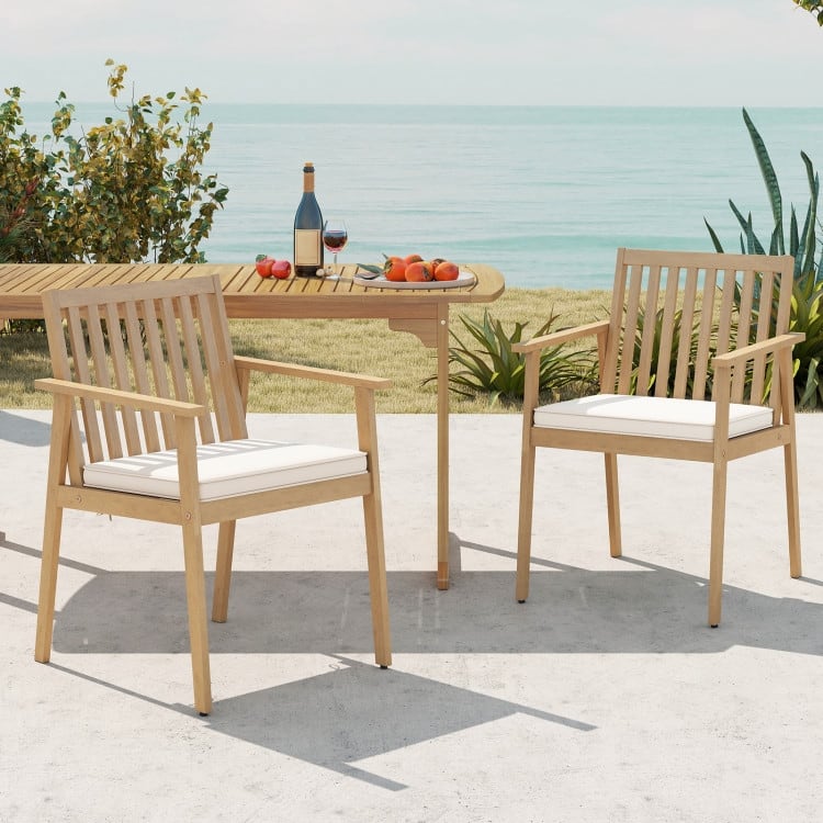 Natural Oak Acacia Wood Outdoor Dining Chairs Set of 2 with Cushions Set - 25" x 23" x 34" (L x W x H)
