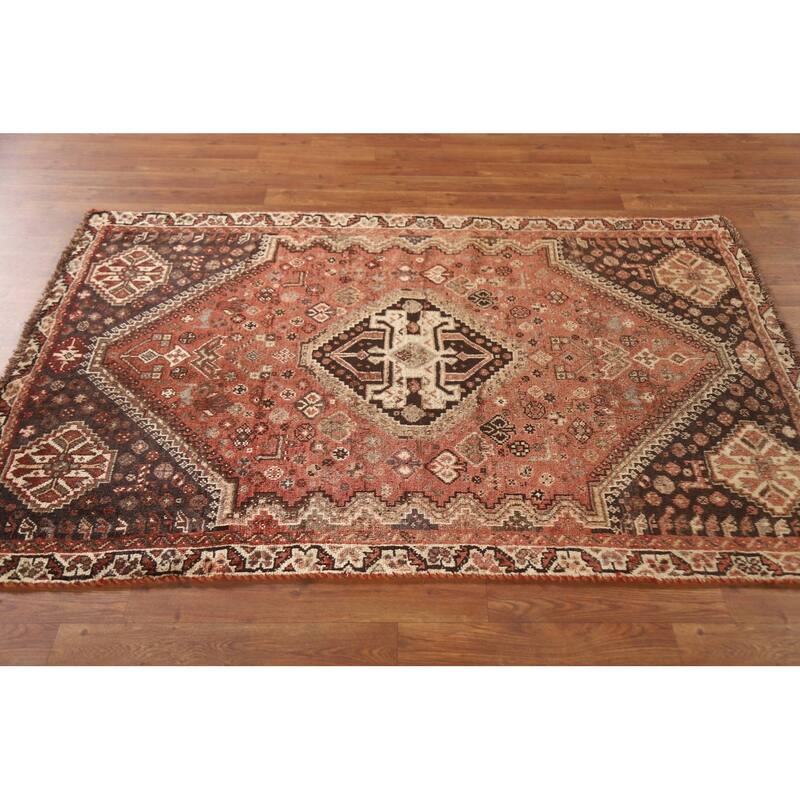 Tribal Qashqai Persian Vintage Area Rug Handmade Orange Wool Carpet - 3'8"x 5'7"