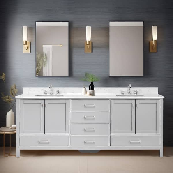 slide 2 of 12, Prismosaic 84 in. Lunar Gray Vanity with Countertop & Splash, Double Sinks Vanity & Engineered Marble Top