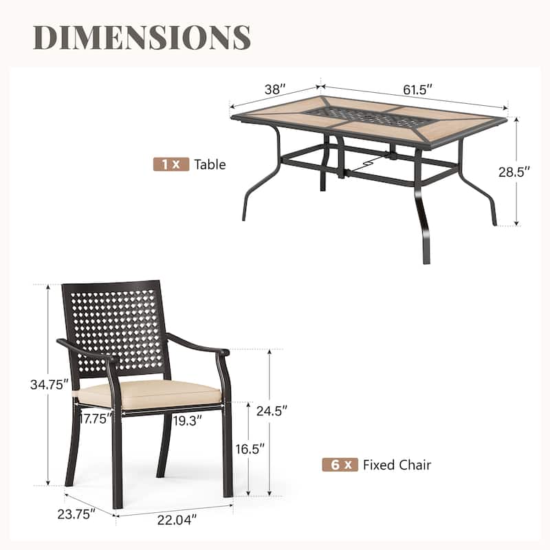 MAISON ARTS 7-Piece Patio Dining Set Metal E-coating of 6 Metal Chairs & 1 Umbrella Hole Metal Table with Wood-like table Top