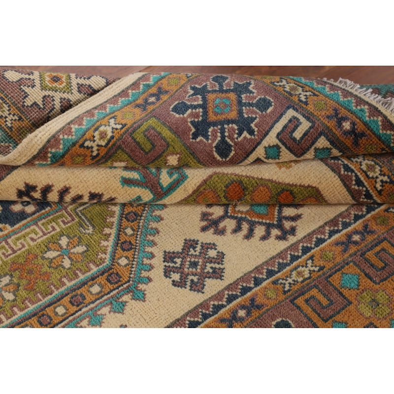 Kazak Foyer Rug Handmade Beige Geometric Wool Carpet - 3'11" x 6'1"
