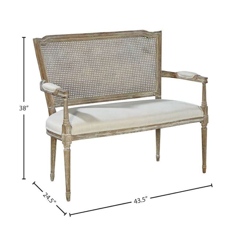 Vineland Victorian Oak & Cane Settee with Linen Upholstery