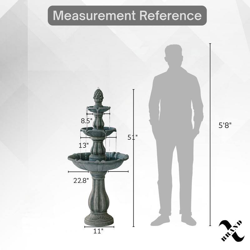 XBrand 3-Tier Water Fountain w/Pump & Pineapple Top, 51 Inch Tall, Large Outdoor Freestanding Waterfall Decor for Porch