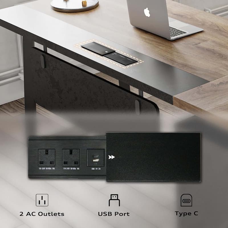 62.99" L-Shaped Executive Desk with Sliding Barn Door Storage Shelves Built-In USB Outlet