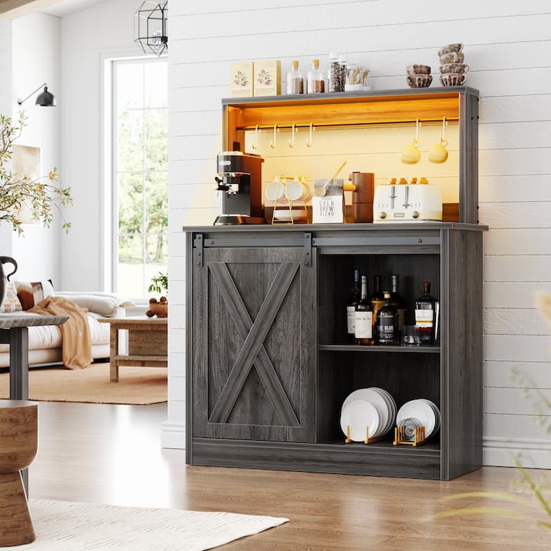 Farmhouse Wine Bar Cabinet with Barn Door & Charging Station,Sturdy Buffet Coffee Bar Cabinet with LED Lights & Hutch