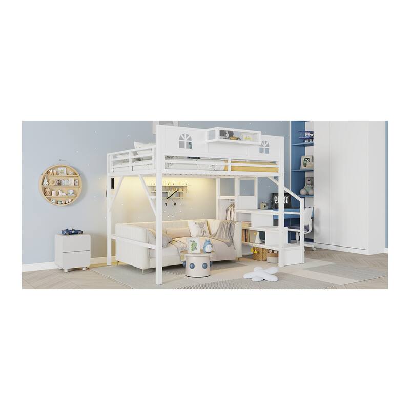 Roomfitters Full/Queen Metal Loft Platform Bed, Staircase Wardrobe and LED Charging Station with House Guardrails for Bedrooms