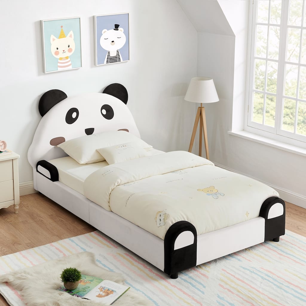 Twin Panda-Shaped Kids Bed with Soft Padded Safety Edges - Solid Wood Toddler Bed Frame in Velvet Fabric