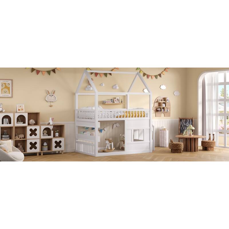 Roomfitters Full Size Wood House Loft Bed with Storage Stairs and Built-in Shelving, Modern Space-Saving Sleep Space
