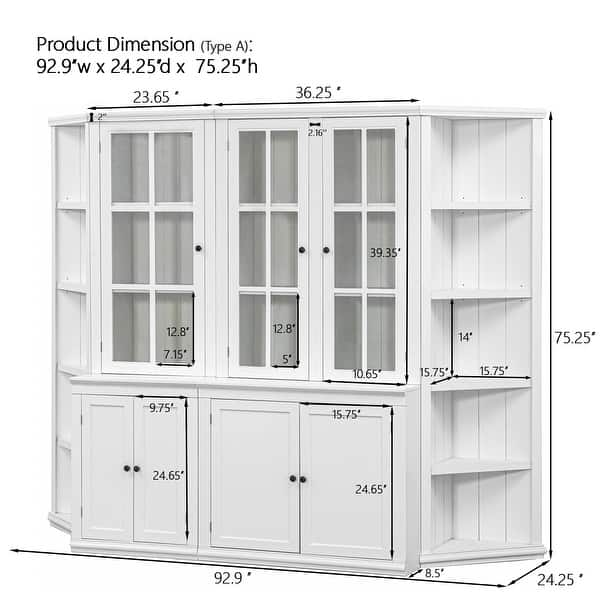 dimension image slide 3 of 4, Roomfitters 75.25'' Display Cabinet with Glass Doors and Two Triangle Bookshelves, Retro Wall Storage Unit for Living Room