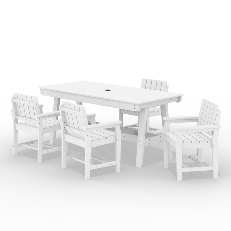 HDPE Patio Dining Set with Rectangular 67.91in W Table with Umbrella Hole and 4 Chairs - N/A - White