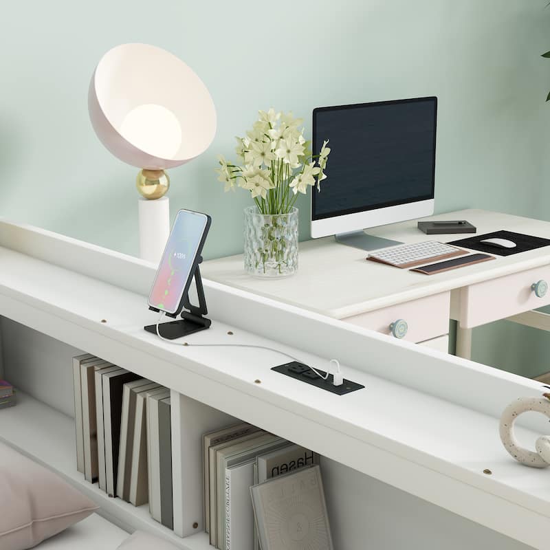 Full Size L-shaped Bookcases Bed with Power Outlets, USB Charging Ports,Two Drawers