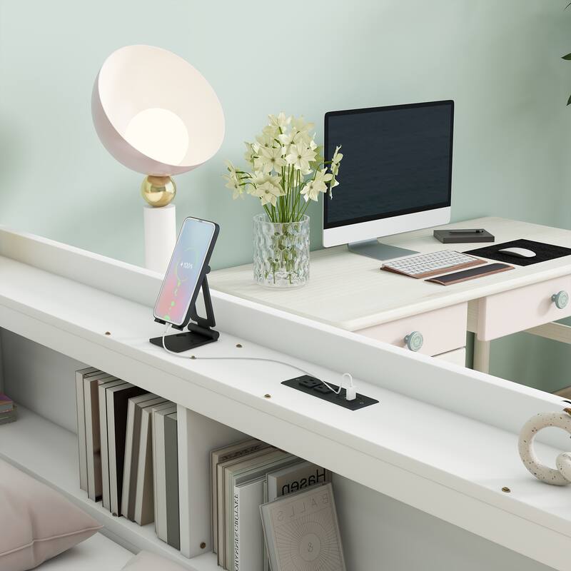 Wooden Platform Sofa Bed Frame with L Shaped Bookcase and Charging Station, Living Room Corner Daybed with 2 Storage Drawers