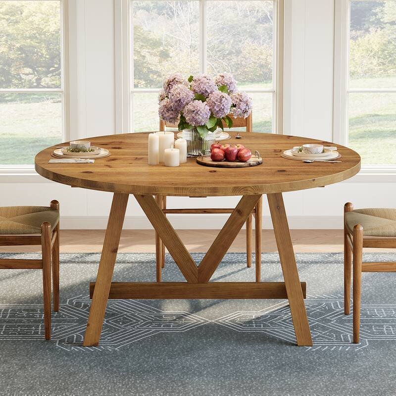 Solid Wood Dining Table, 63" Farmhouse Round Kitchen Table for Dining Room