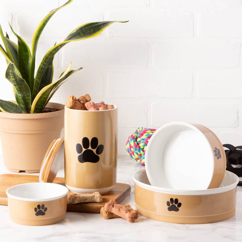 DII Pet Bowl Black Paw Print Gray Small 4.25dx2h (Set of 2)
