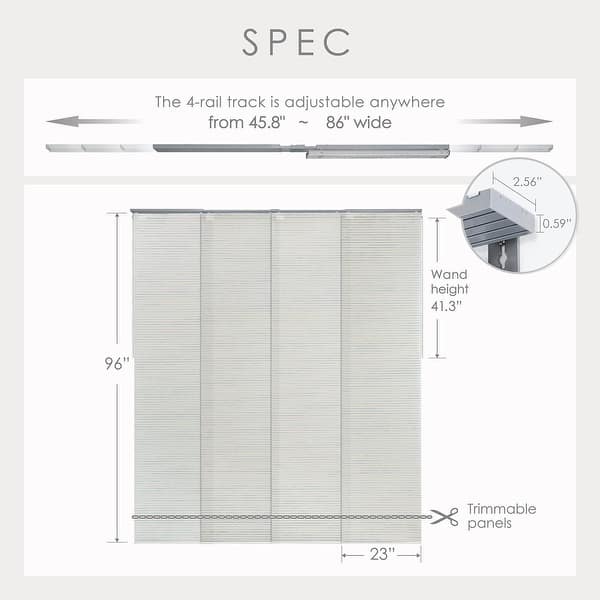 dimension image slide 8 of 13, GoDear Design 99.99% Blackout & Sheer Natural Woven Adjustable Sliding Panel Track Blinds, Vertical Blinds, 45.8"- 86" W x 96" L