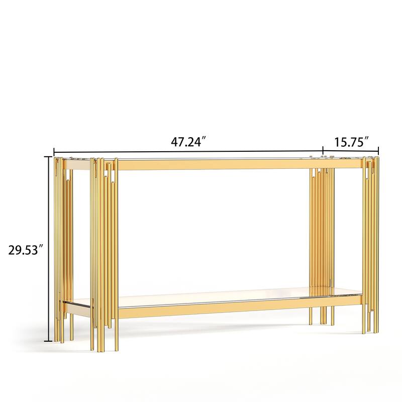 Top and Bottom Double Layer Tempered Glass Console Table and Mirror Finished Stainless Steel Frame