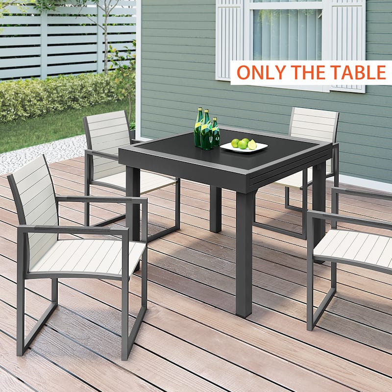 Crestlive Outdoor Aluminum Expandable Dining Table Extension Leaf Glass Tabletop - 35.4"W x 35.4-70.9"L x 29.5"H