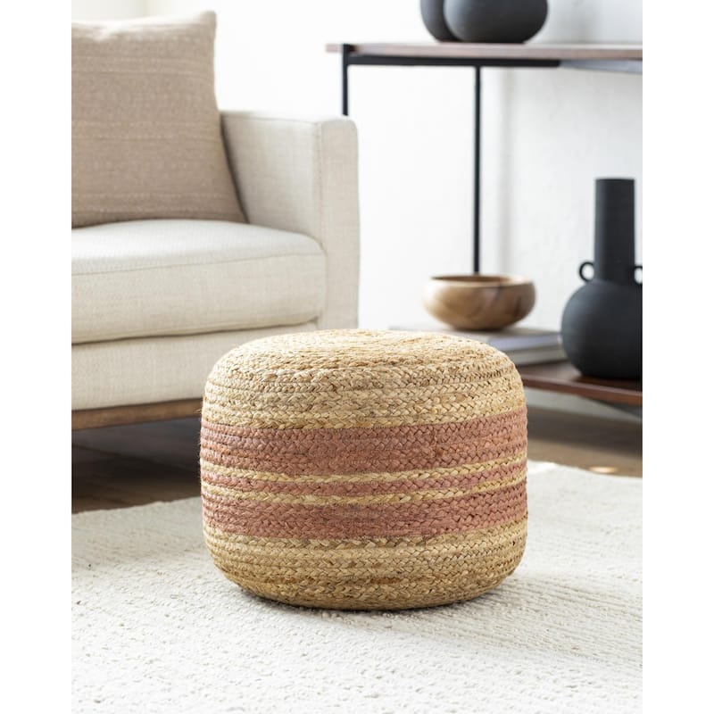 Livabliss Mallows Farmhouse Stripe Pouf - Brown/Pink
