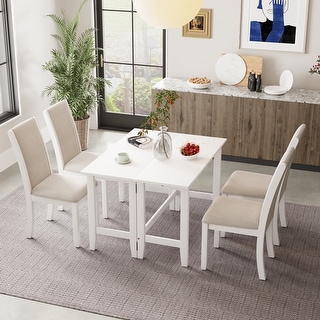 5-Piece Wood Extendable Dining Table Set with Drop Leaf and 4 Fabric ...