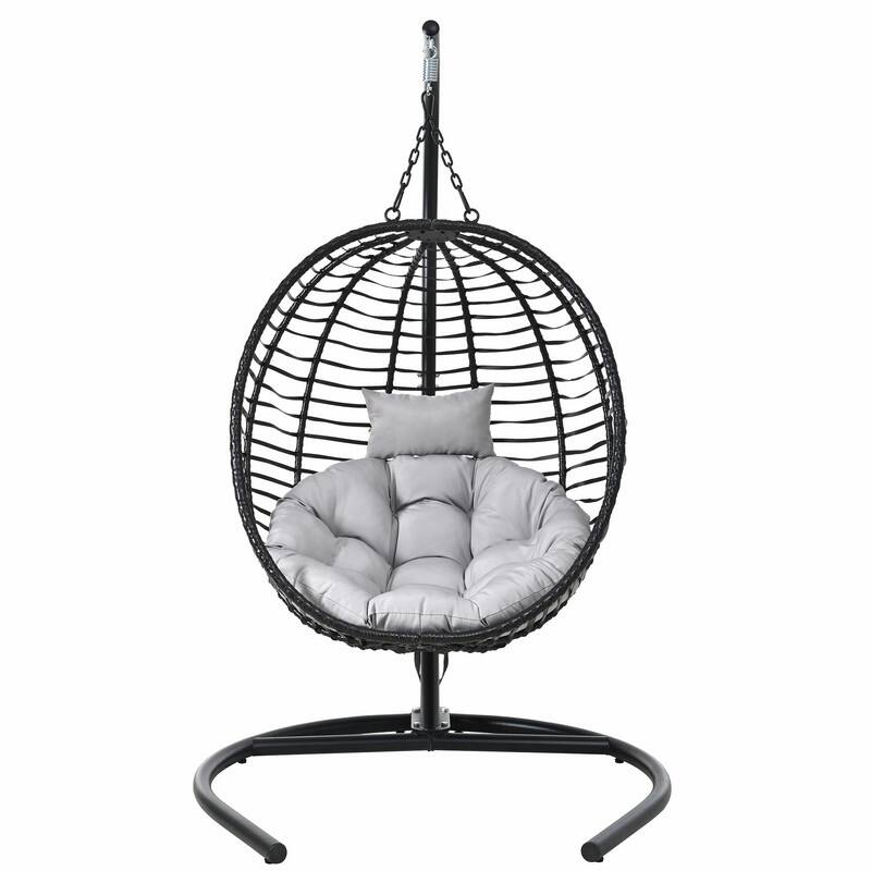 Single Person Folding Egg Chair with Stand, Indoor Outdoor Hanging Wicker Swing Chair with Adjustable Feet