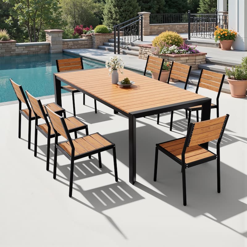 9PCS Outdoor Aluminum Dining Table with Umbrella Hole and Stackable Dining Chairs