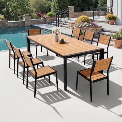 9PCS Outdoor Aluminum Dining Table with Umbrella Hole and Stackable Dining Chairs