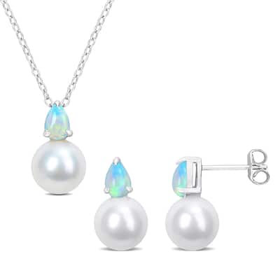 Miadora 1 3/8ct TGW Ethiopian Opal Cultured Freshwater Pearl Jewelry Set Silver