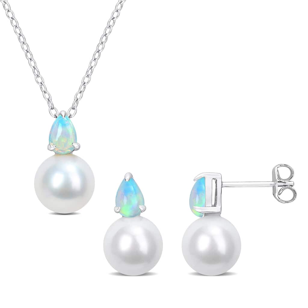 Miadora 1 3/8ct TGW Ethiopian Opal Cultured Freshwater Pearl Jewelry Set Silver