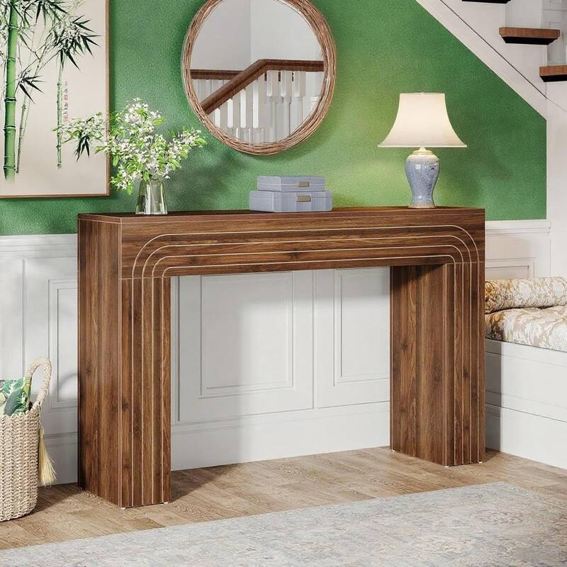 Brown Farmhouse Console Table 55 Inch MDF Entryway Hallway Living Room Sofa Table with Vintage Charm - 55.12" x 13.39" x 35.43"