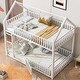 preview thumbnail 13 of 18, Metal House-Shaped Bunk Bed with Fence and Door, Twin Over Twin Floor Bunk Bedframe with Roof Design and Guardrails