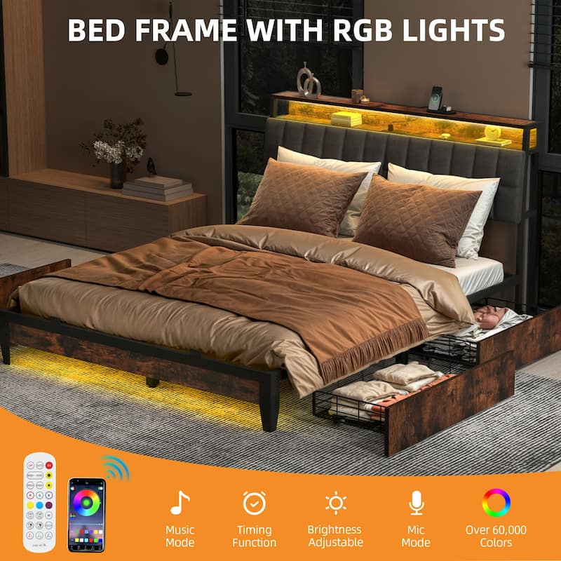 Upholstered Platform Bed with Charging Station and Storage Headboard