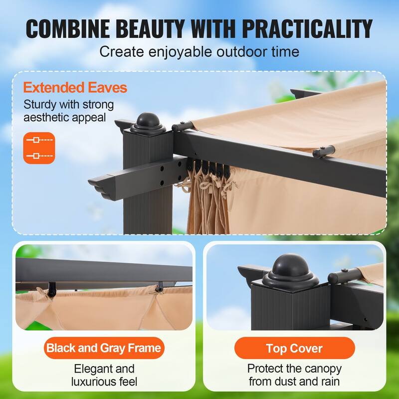 10 x 13 Feet Aluminum Outdoor Retractable Pergola with Sun Shade Adjustable Retractable Canopy