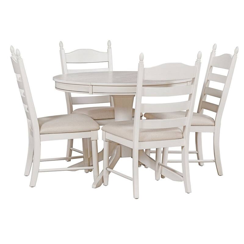 Wooden Round Drop Leaf Extendable Dining Table Set with 4 Upholstered Chairs - White