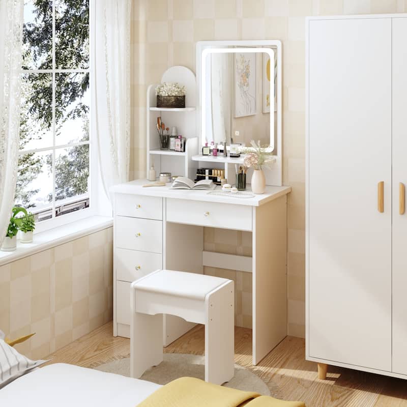 Makeup Vanity Set wi/Lighted Mirror, Storage Shelves and Drawers White - 31.5"L x 15.7"W x 55.1"H