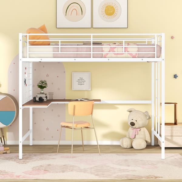 slide 2 of 20, Modern Style Loft Bed with Built-in Ladder, Desk and Grid, Space-saving, Full Size White