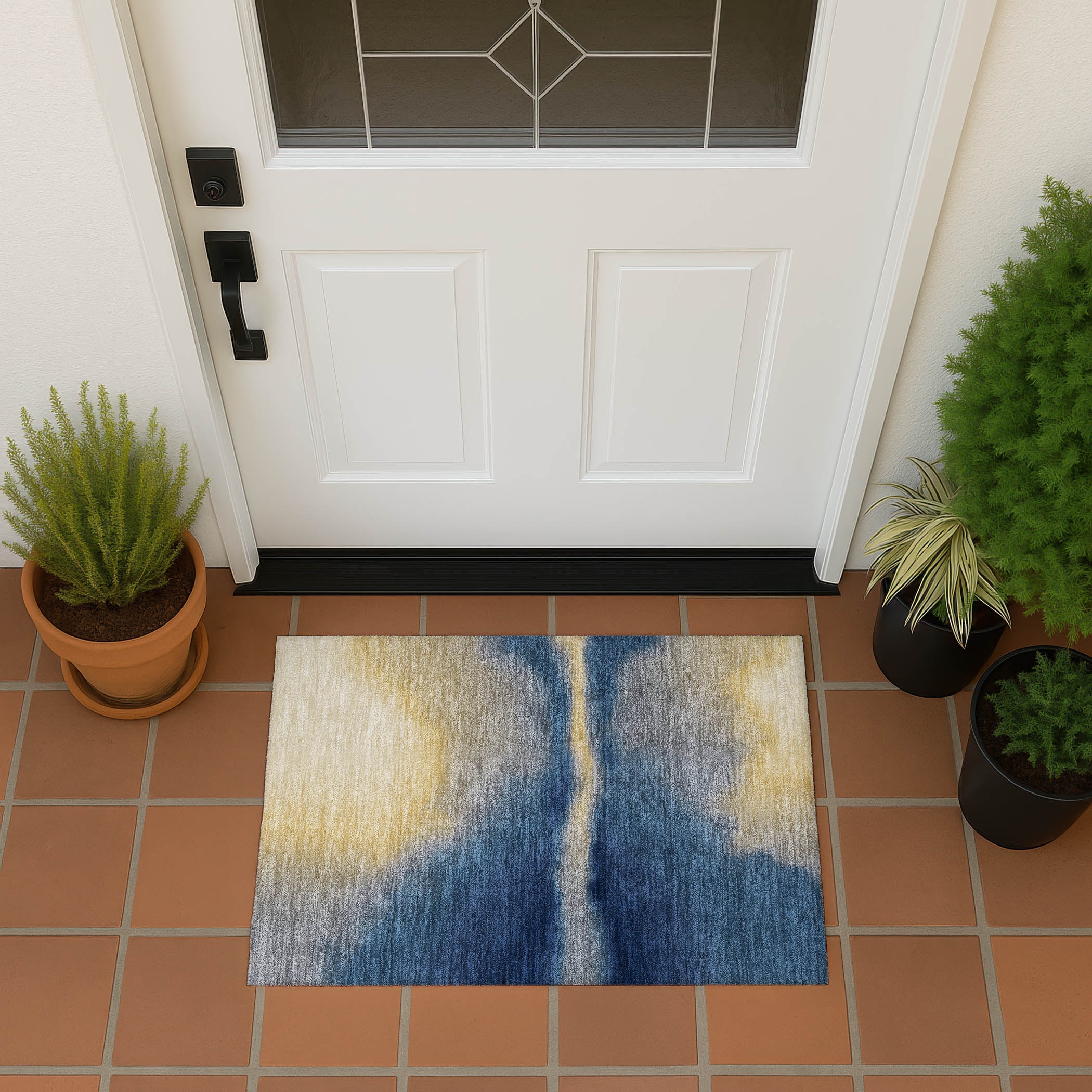 Machine Washable Indoor/ Outdoor Modern Landscape Chantille Rug - Navy - 1'8" x 2'6"