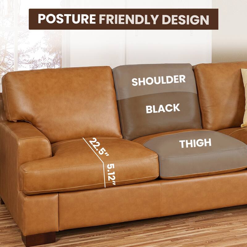 Modern Genuine Leather Sofa with Wooden Legs, Plush Seating, and Included Bolster Pillow for Maximum Comfort