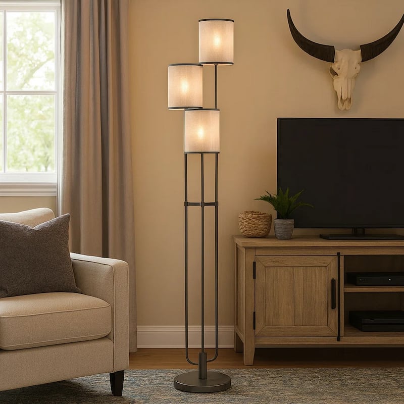 Zen 67 Inch Floor Lamp, 3 Drum Fabric Shades, Round Metal Base, Gray