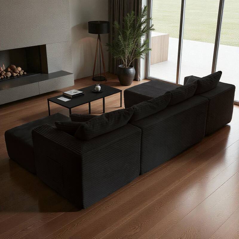 133.86" Cloud Modular U-Shaped Sectional Sofa with Ottoman, Deep-Seat Corded Fabric Couch for Living Room, No Assembly