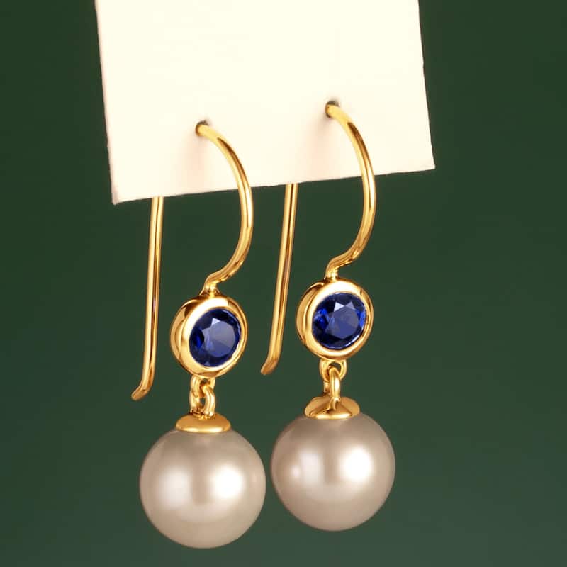 14k Yellow Gold Freshwater Pearl and Sapphire Birthstone Drop Earrings