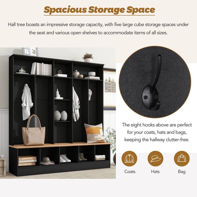Large Hall Tree Coat Rack with Storage Bench, Modern Shoe Cabinet with Cube Storage & Shelves for Entryways, Mudroom