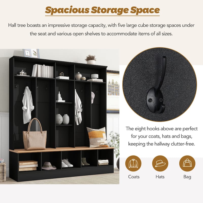 Roomfitters Modern Wide Hall Tree with Bench, Multifunctional Mudroom Shoe Cabinet with Shelves and 8 Hooks