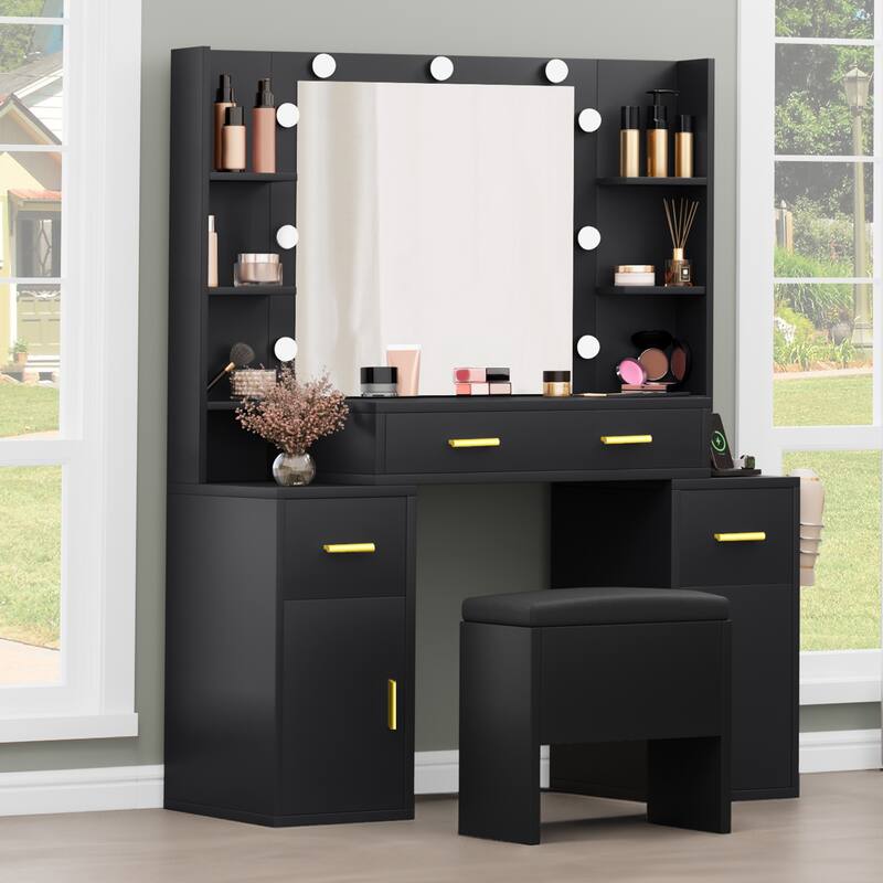 Moasis Vanity with Built-In Outlets and Lighted Mirror - 55.1'' H X 43.3'' L X 15.74'' W - Black
