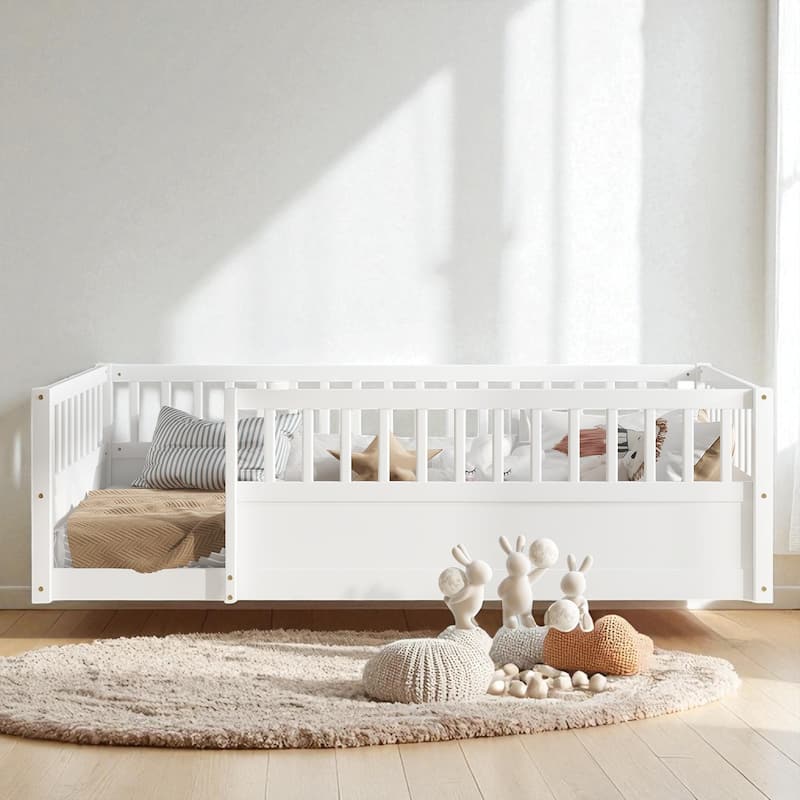 Twin/Full Montessori Floor Bed with High Fence & Open Door, Solid Pine, Playroom/Bedroom, No Box Spring