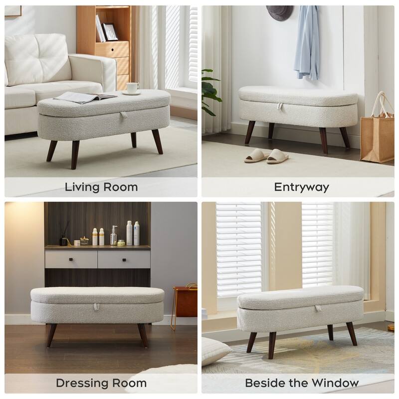 44" Beige Boucle Storage Ottoman Bench for Living Room Bedroom,Oval Storage Bench Ottoman Foot Rest Wood Legs