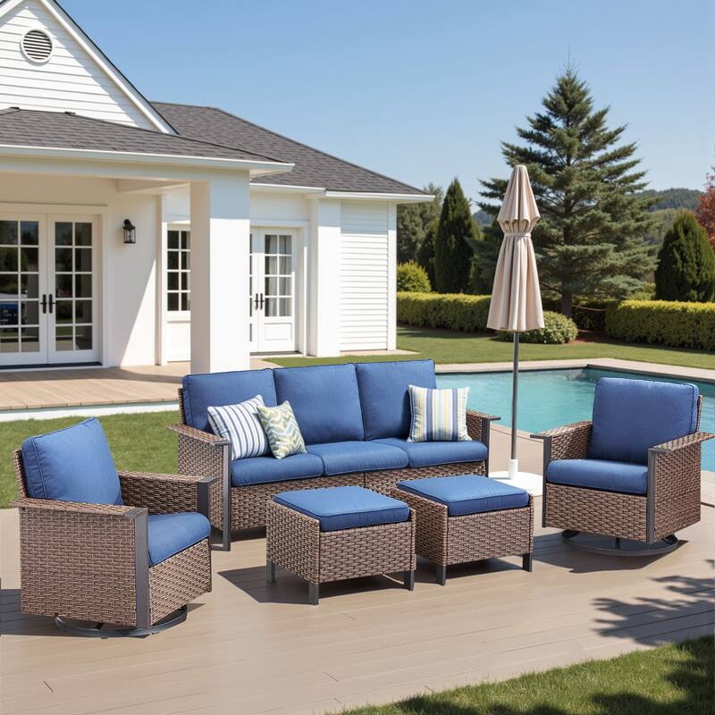Pocassy Outdoor Wicker 4-Piece Sofa Swivel Chair with Ottoman - Brown Wicker Blue Cushion - 4-Piece Sofa Swivel Chair with Ottoman
