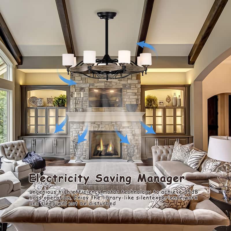 Cusp Barn 33 inch Chandelier Ceiling Fan with Remote Control, Farmhouse Wood Caged 6 Speeds Fandelier for Bedroom